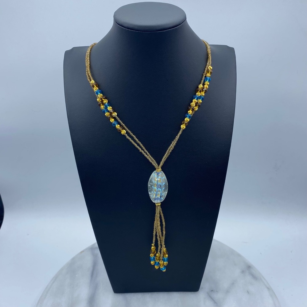 Murano Style Art Glass Beaded Tassel Necklace Gold Blue Boho